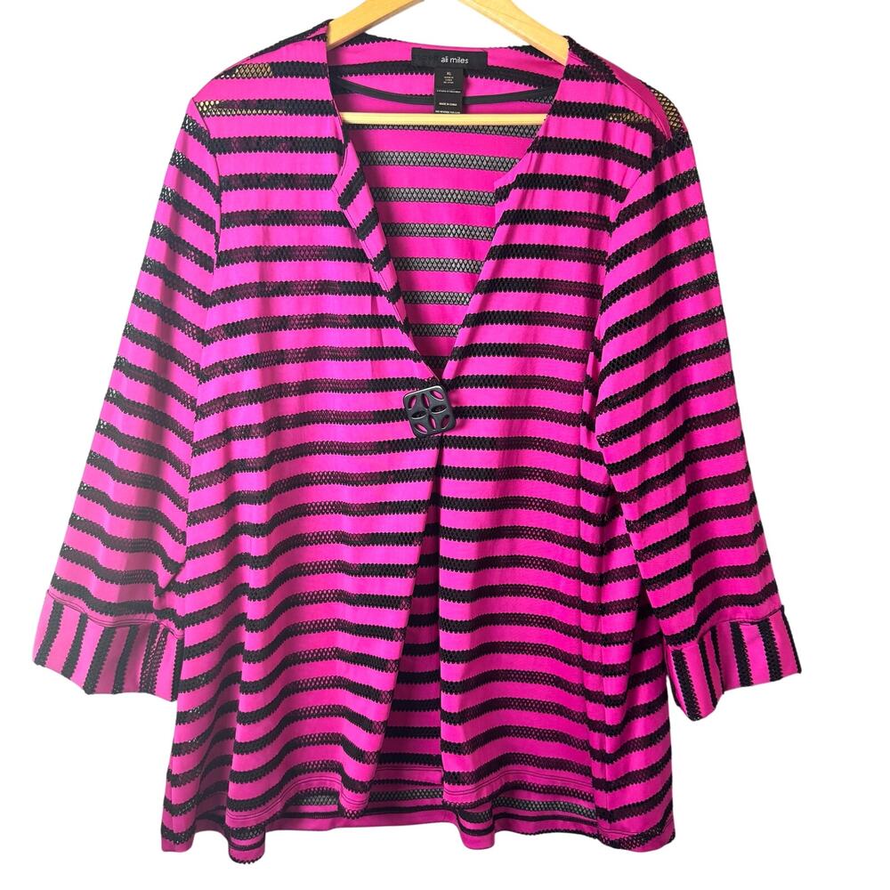 Ali Miles Lagenlook Jacket Artsy Women XL Pink Black Striped Mesh Sheer Button